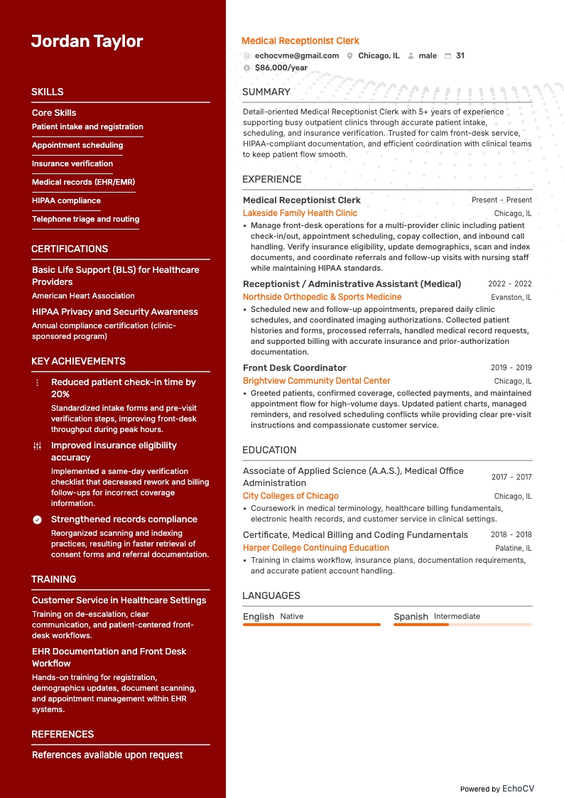 Receptionist medico/a resume example