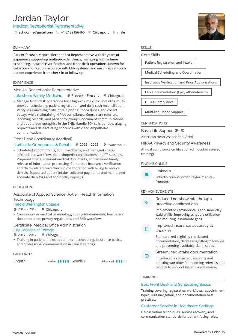 Medical Receptionist Representative example resume