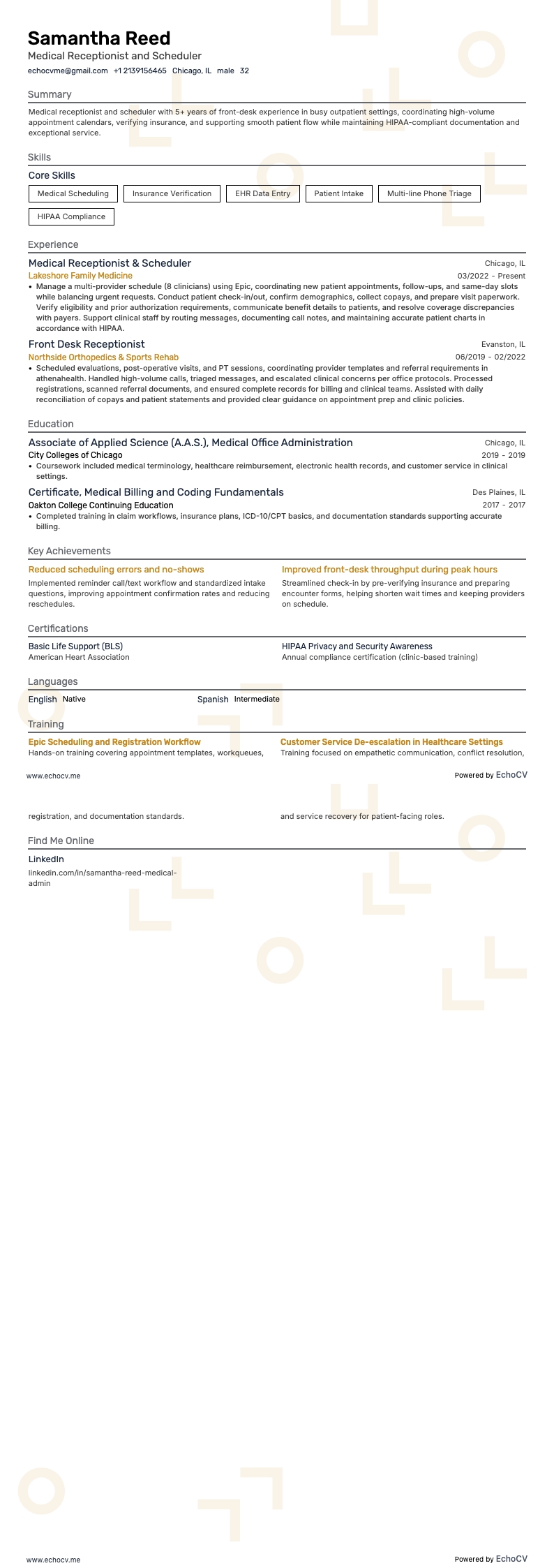 Medical Receptionist and Scheduler example resume