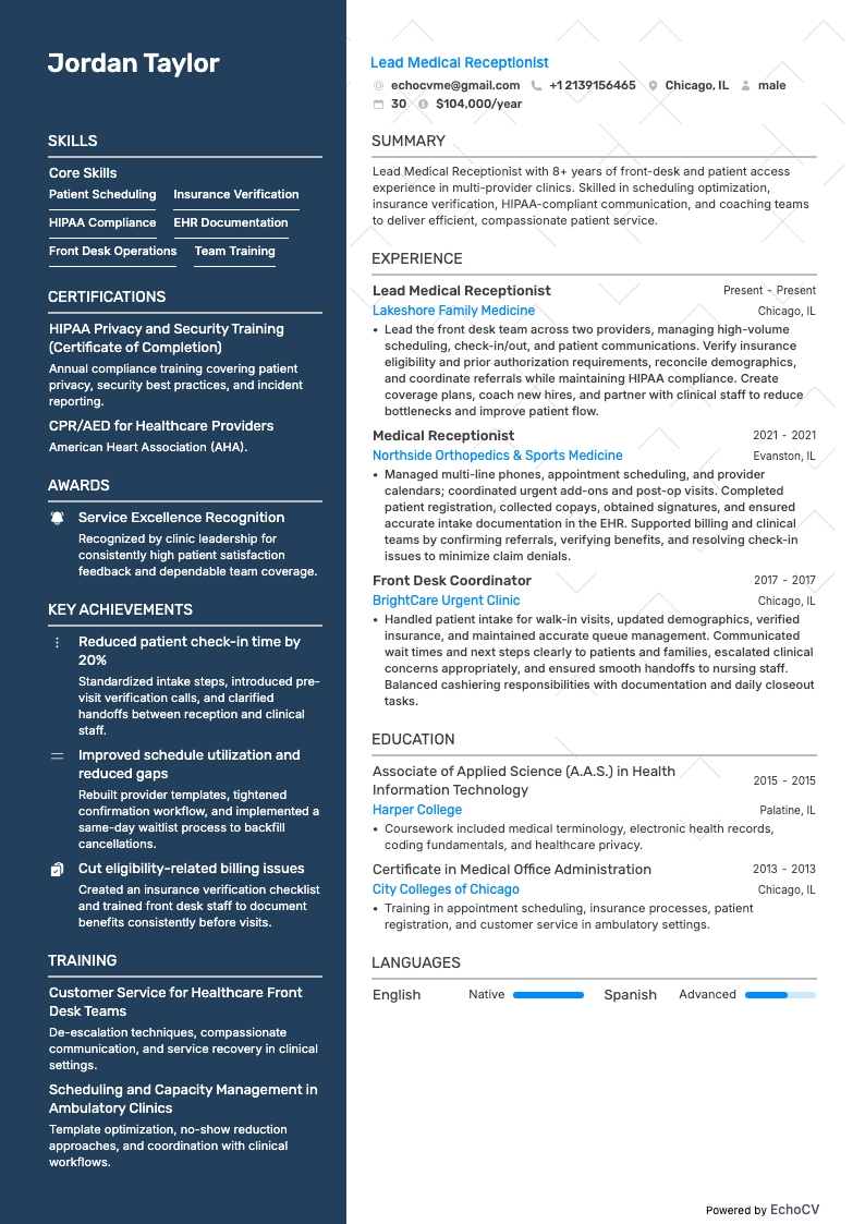 Lead Medical Receptionist example resume