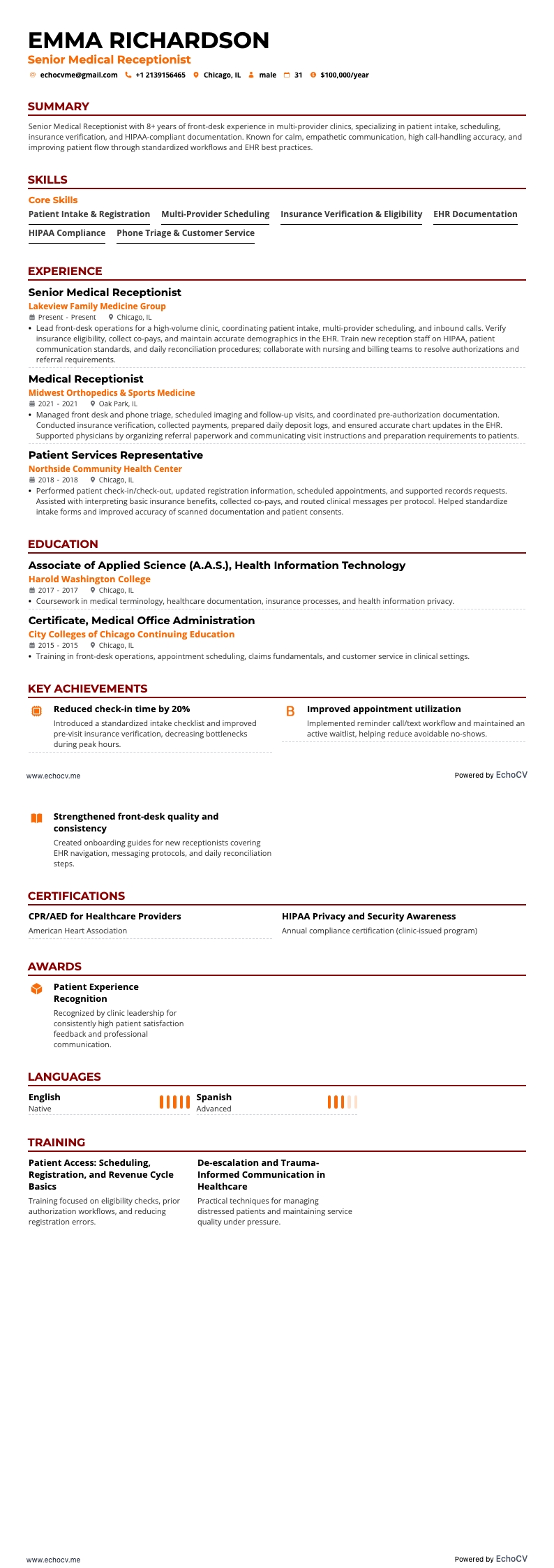 Senior Medical Receptionist example resume