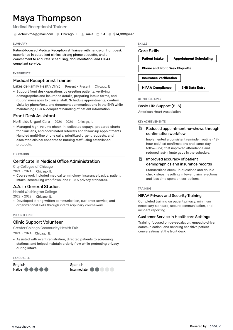Medical Receptionist Trainee example resume