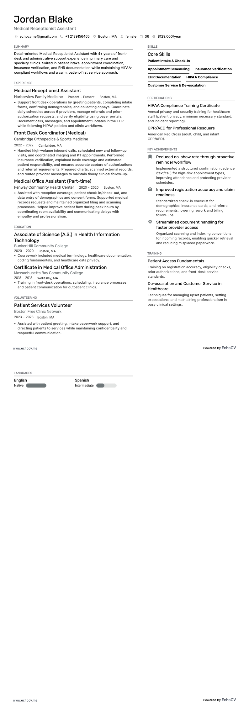 Medical Receptionist Assistant example resume