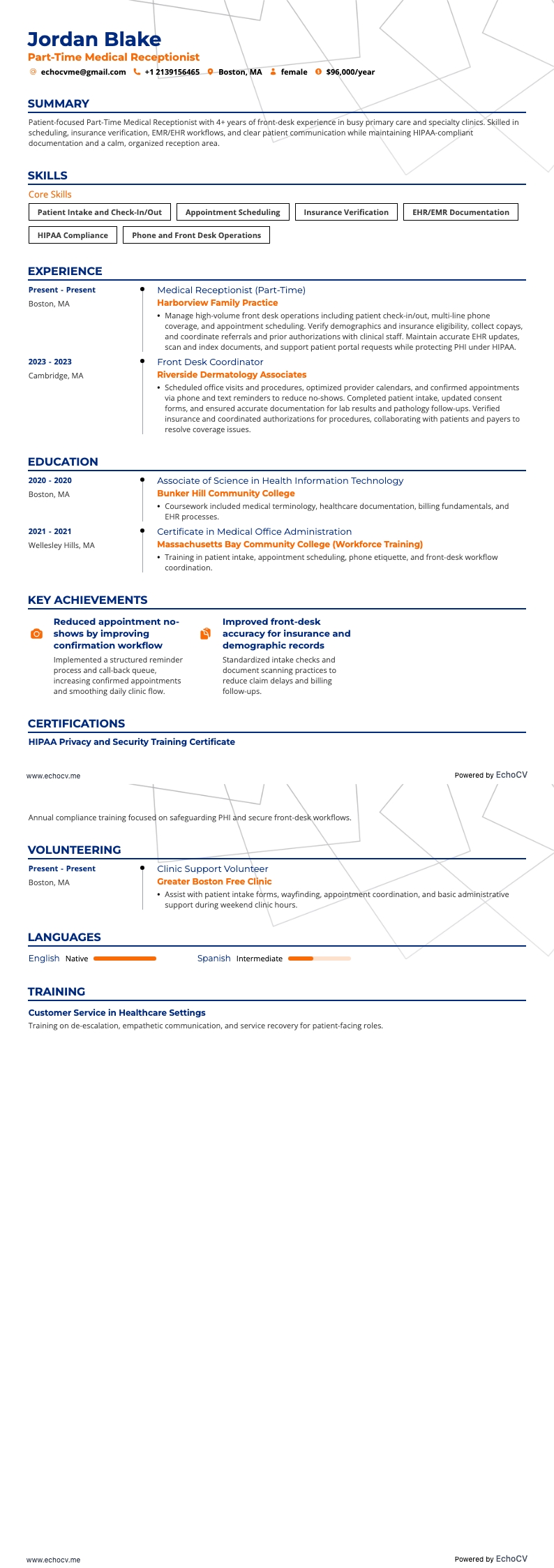 Part-Time Medical Receptionist example resume