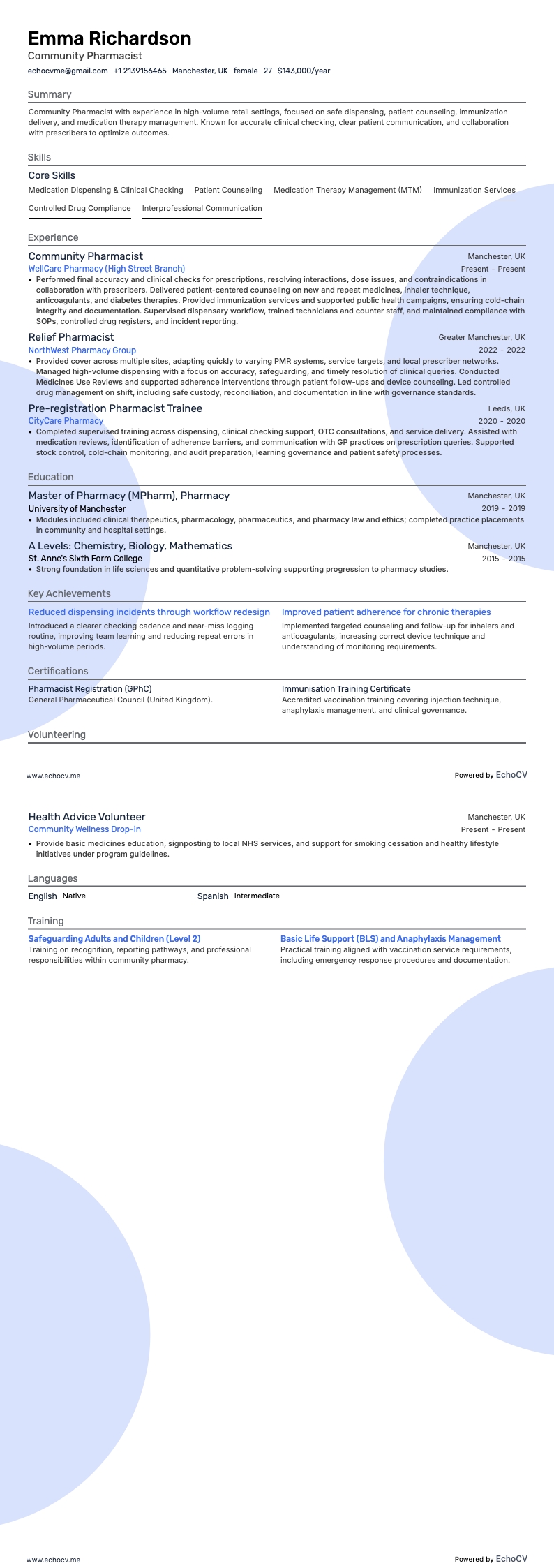 Dược sĩ cộng đồng example resume