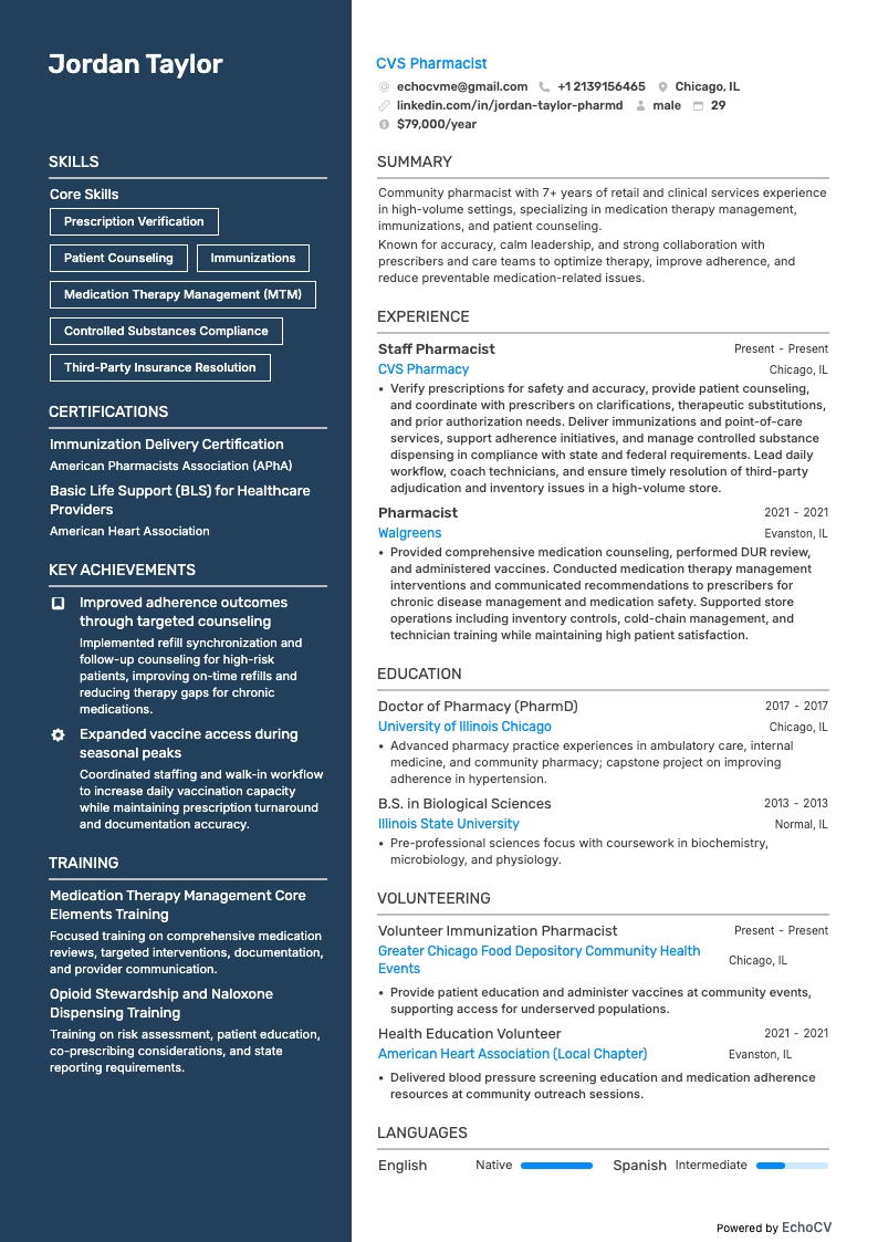 Dược sĩ CVS example resume