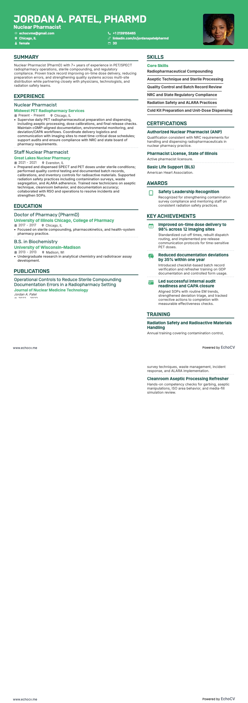 Dược sĩ hạt nhân example resume