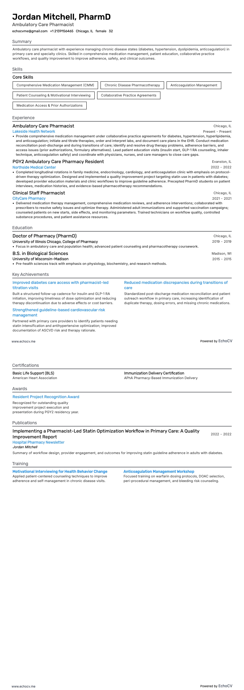 Dược sĩ chăm sóc ngoại trú example resume