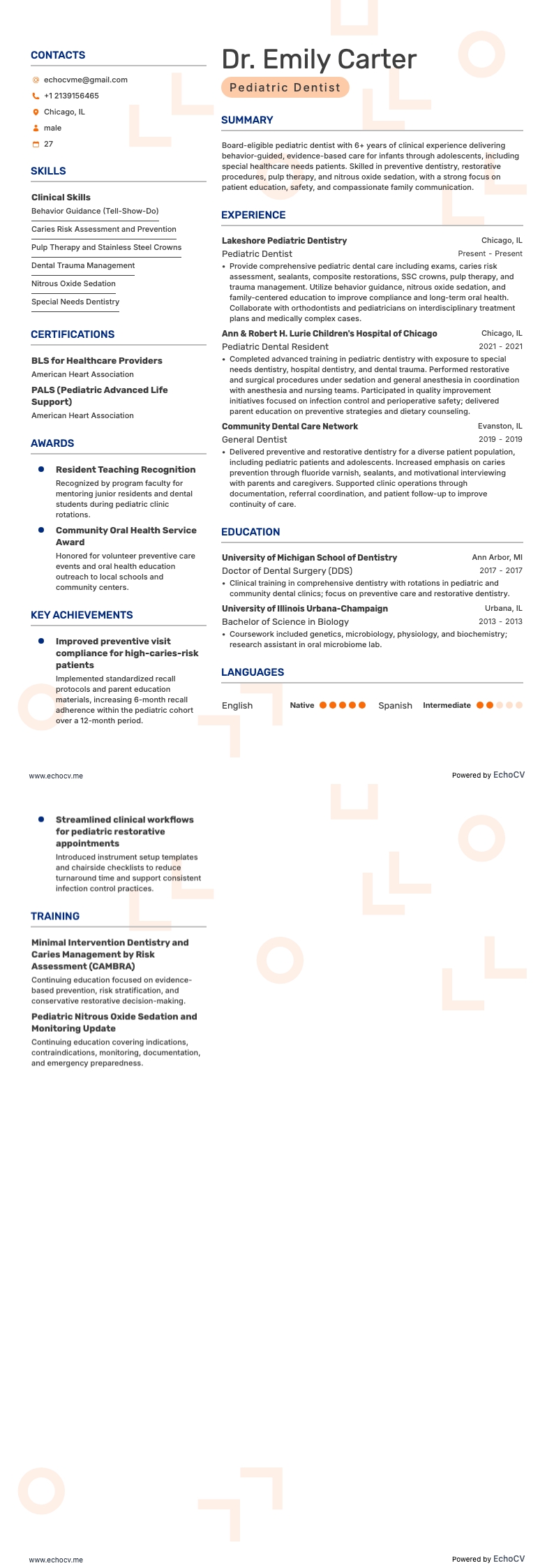 소아치과 의사 example resume