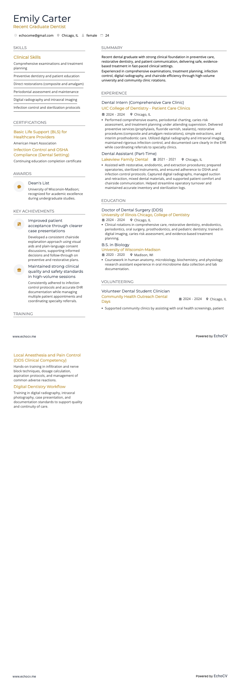 신입 치과의사 example resume