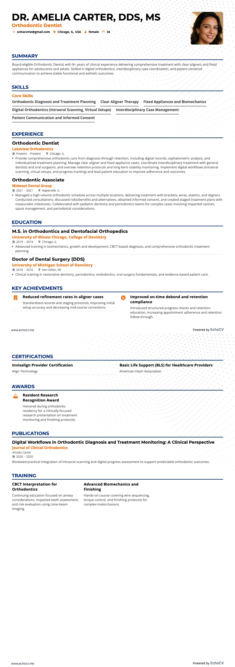 교정치과 의사 example resume