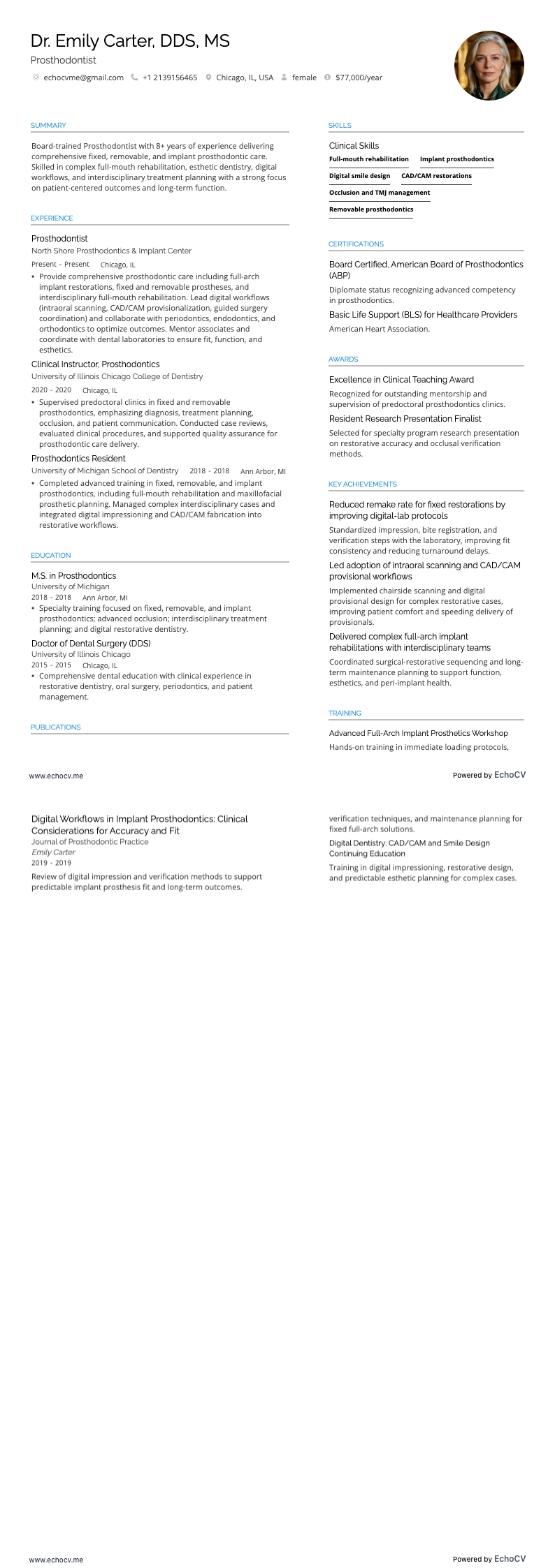 보철치과의사 example resume