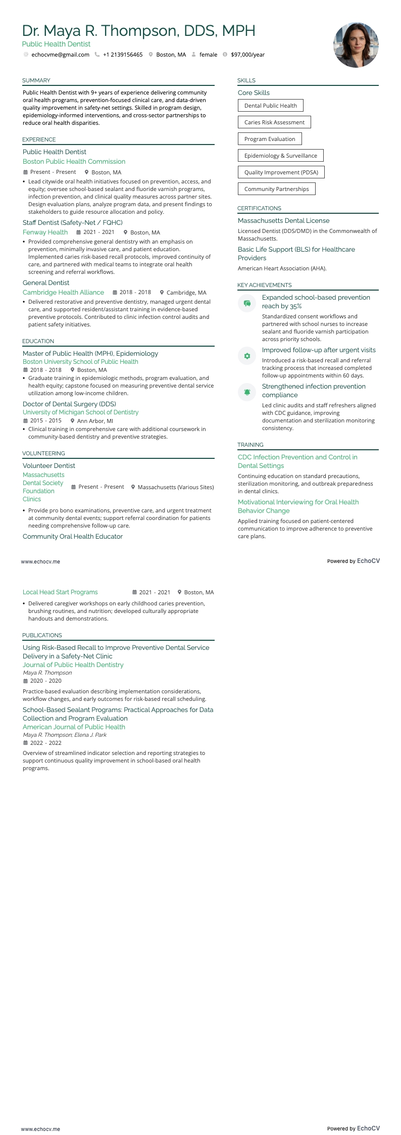 공중보건 치과의사 example resume