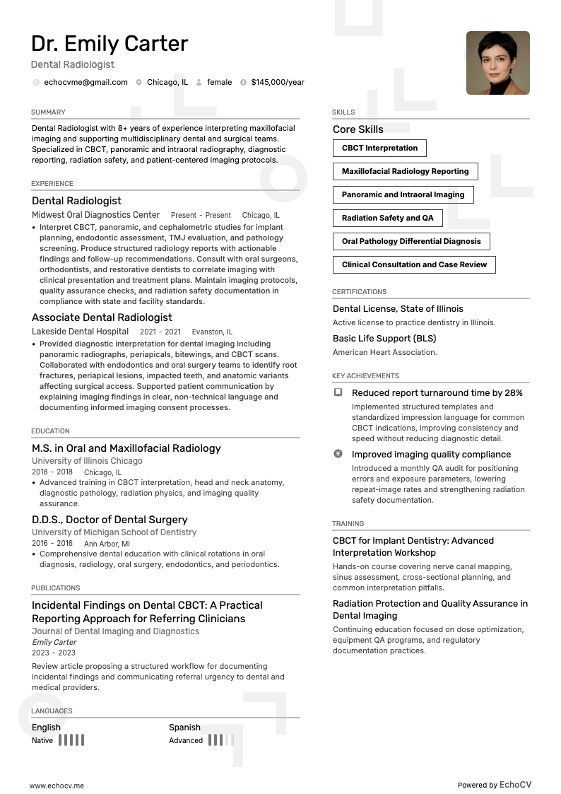 치과 영상의학 전문의 example resume