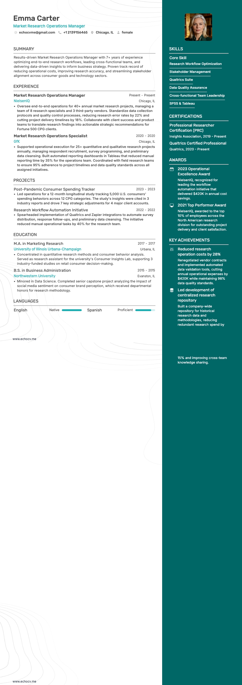 Market Research Operations Manager example resume