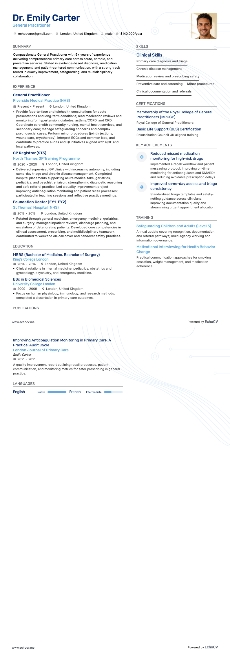 Médecin généraliste example resume