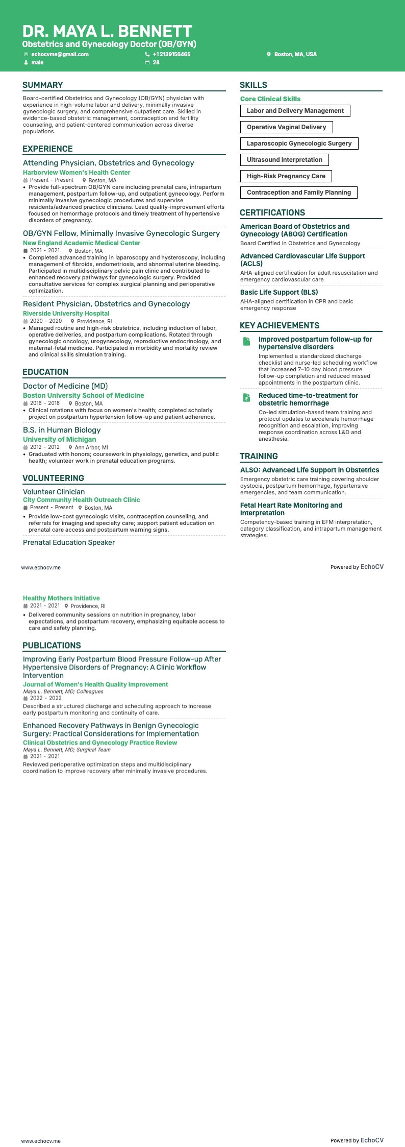 Médecin en obstétrique et gynécologie (OB/GYN) example resume