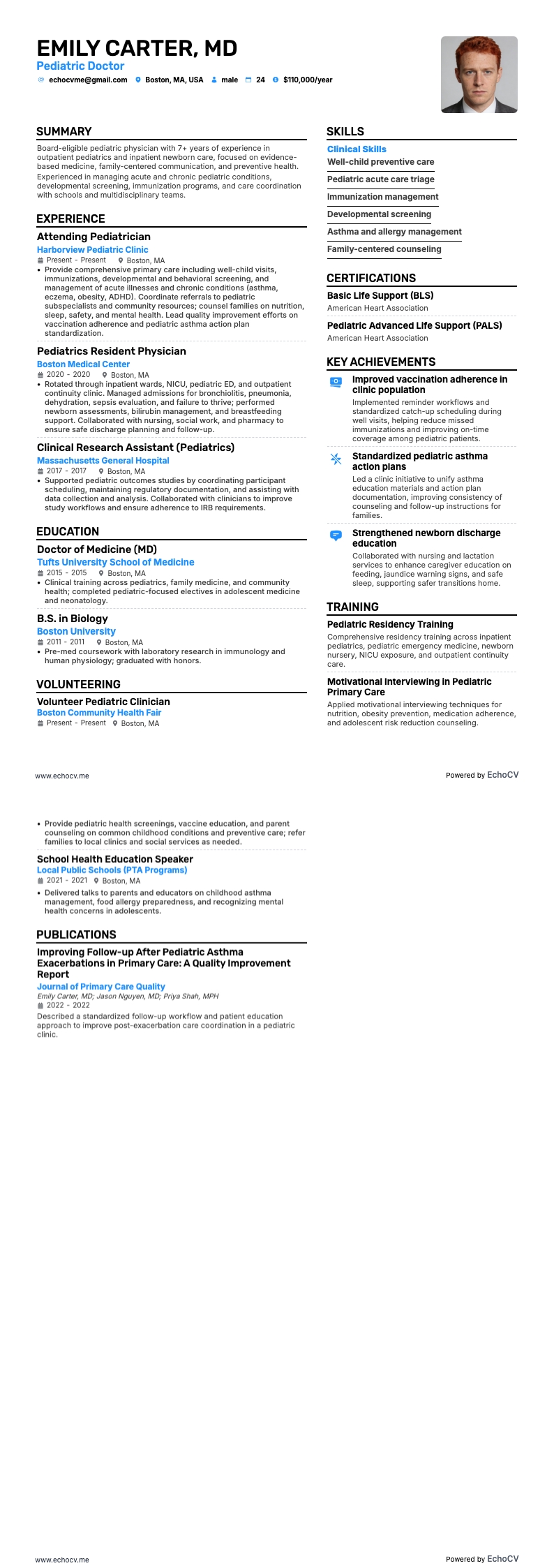 Pédiatre example resume