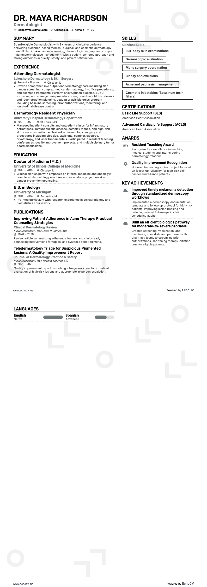 Dermatologue example resume