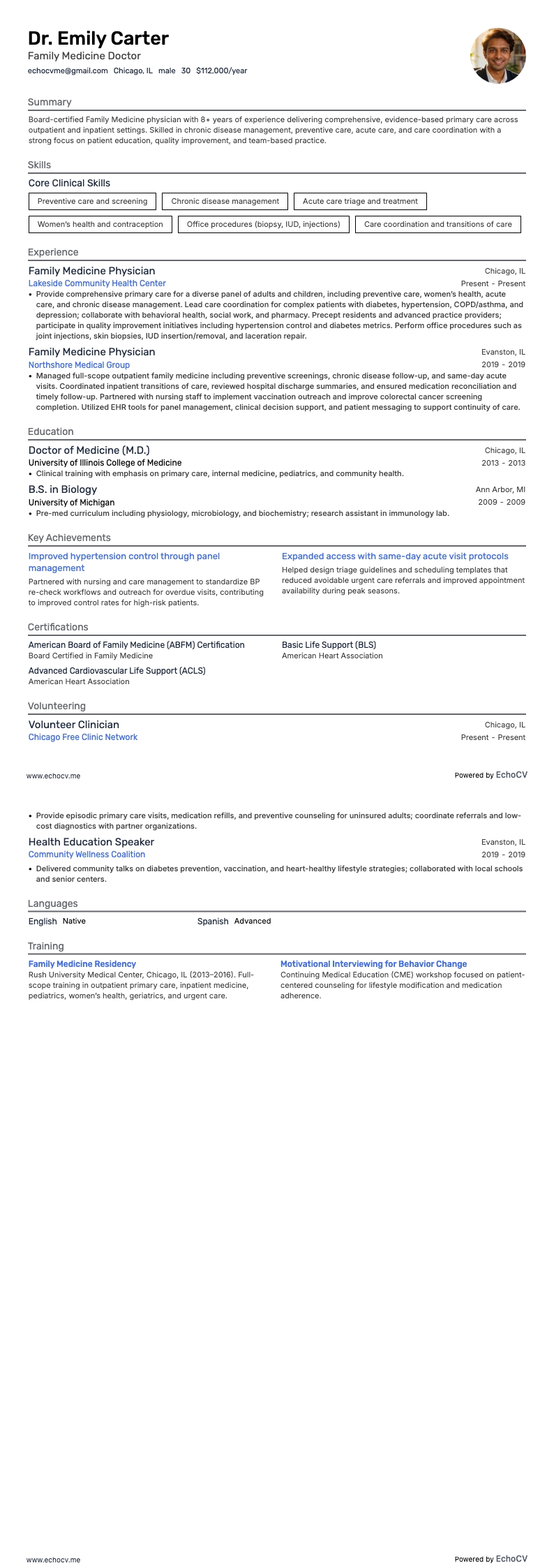 Médecin de famille example resume