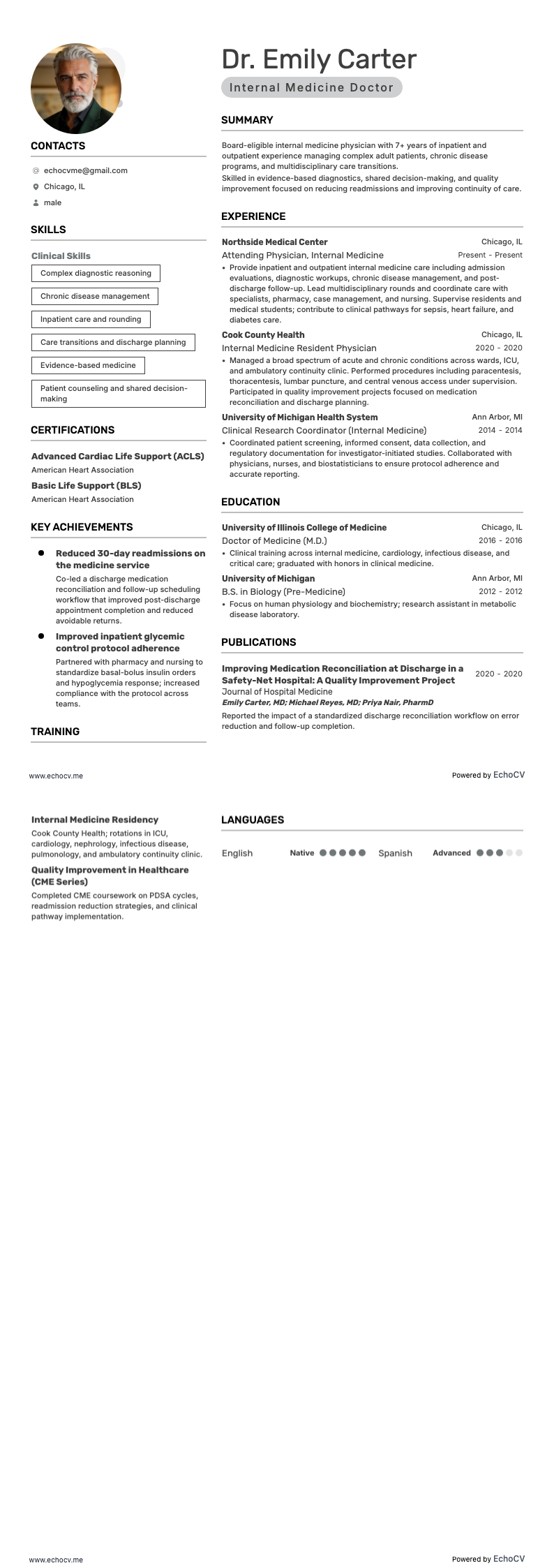Médecin en médecine interne example resume