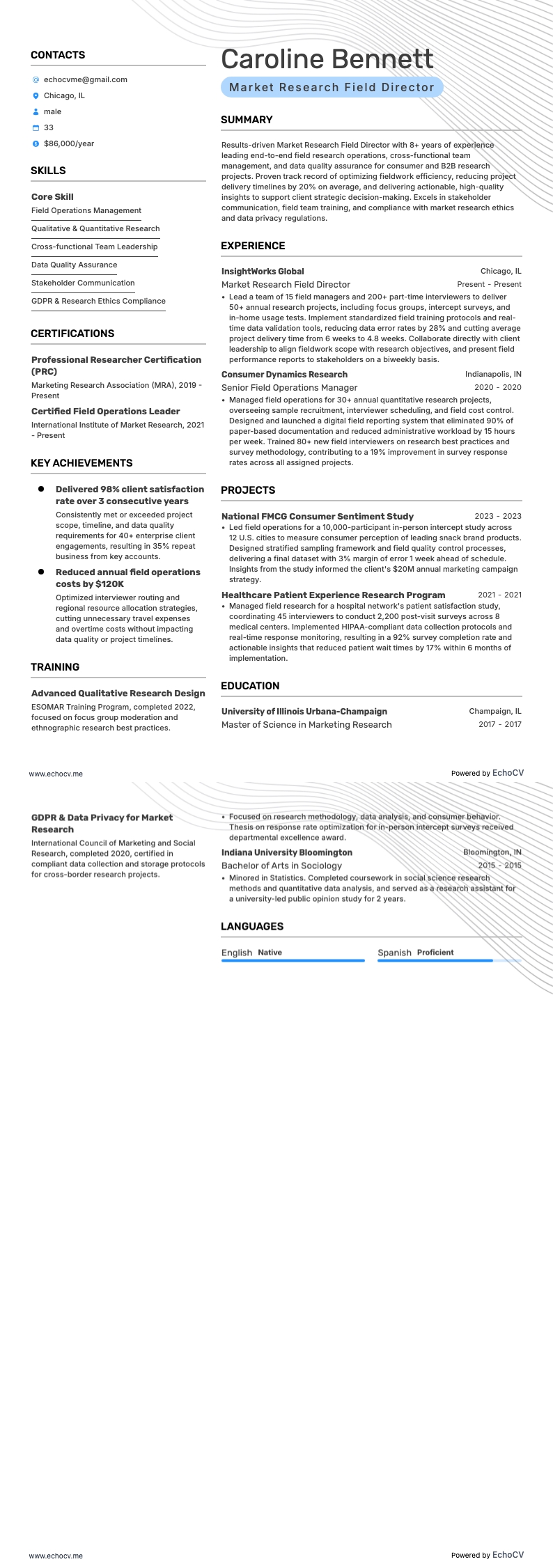 Market Research Field Director example resume