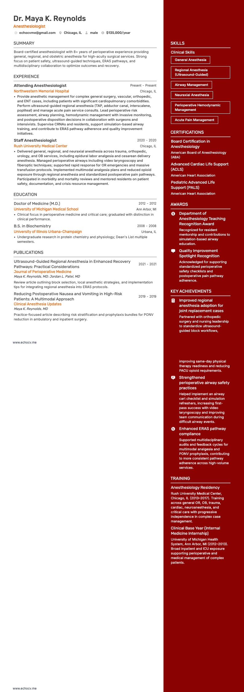 Anesthésiste example resume