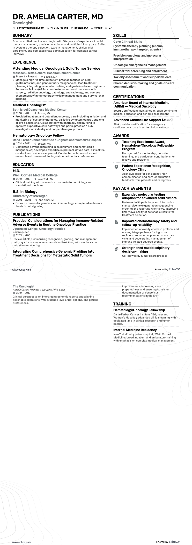 Oncologue example resume