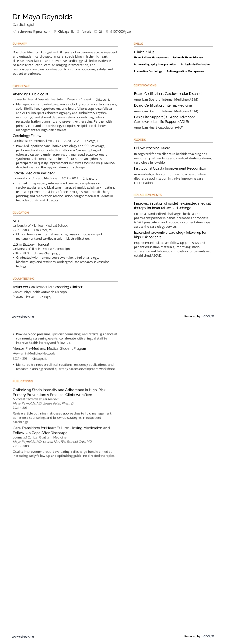 Cardiologue example resume
