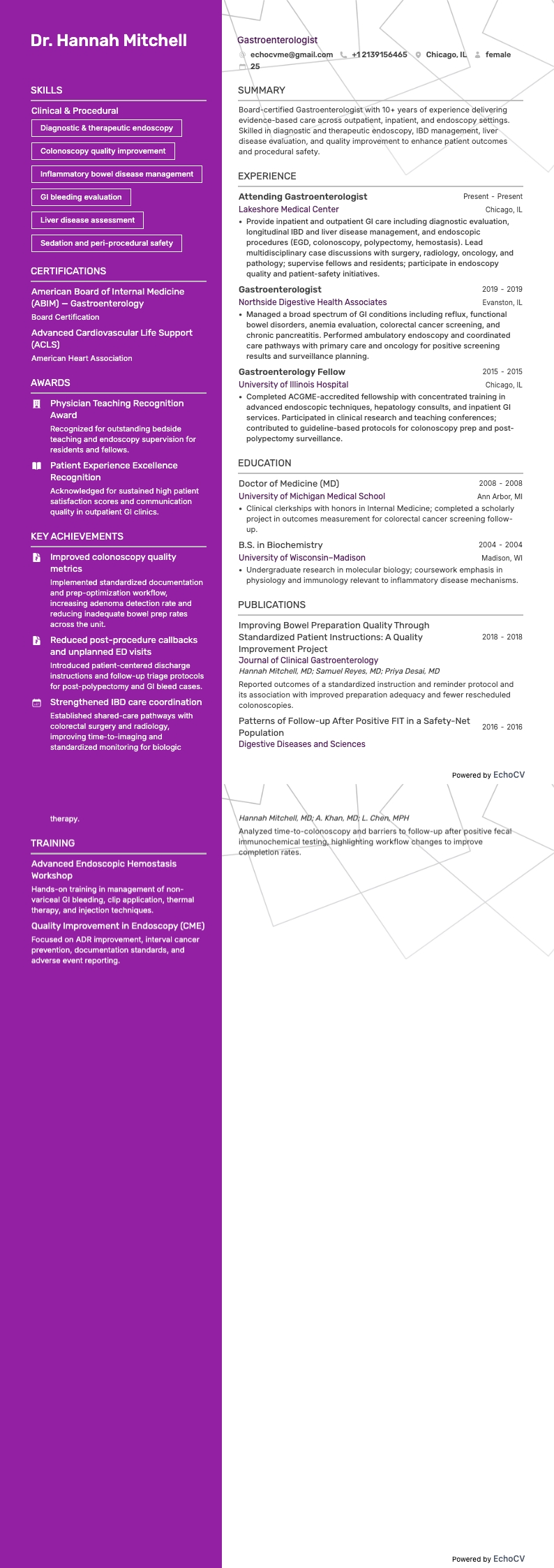 Gastro-entérologue example resume