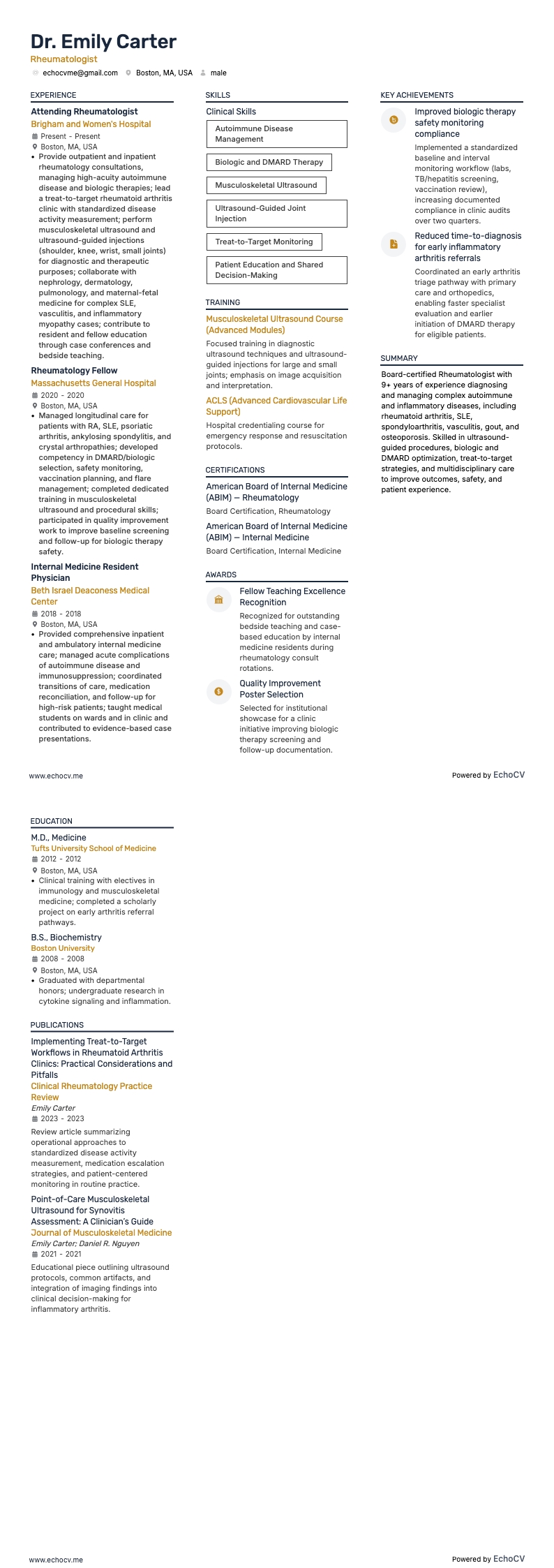 Rhumatologue example resume