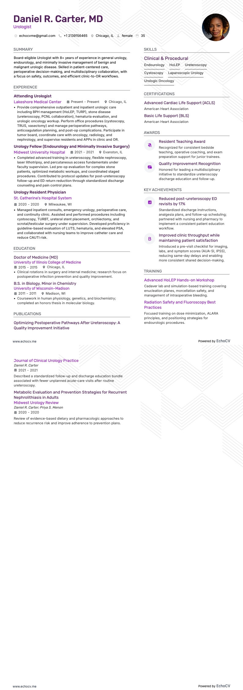 Urologue example resume