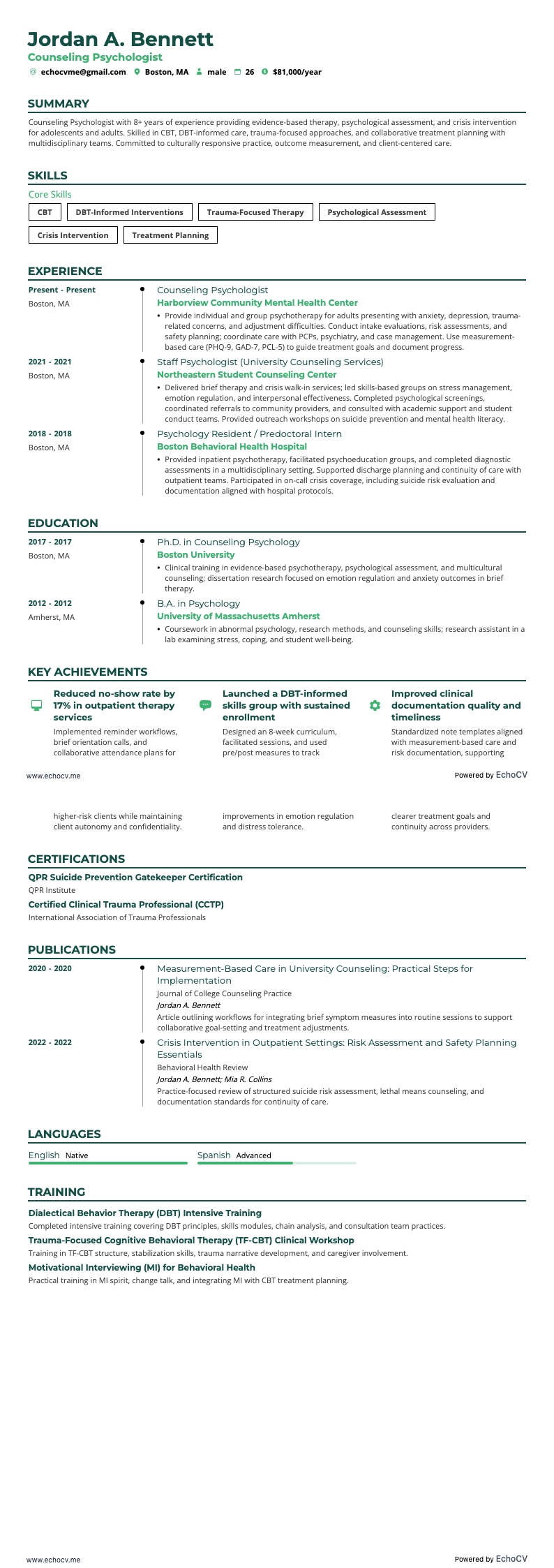 カウンセリング心理士 example resume