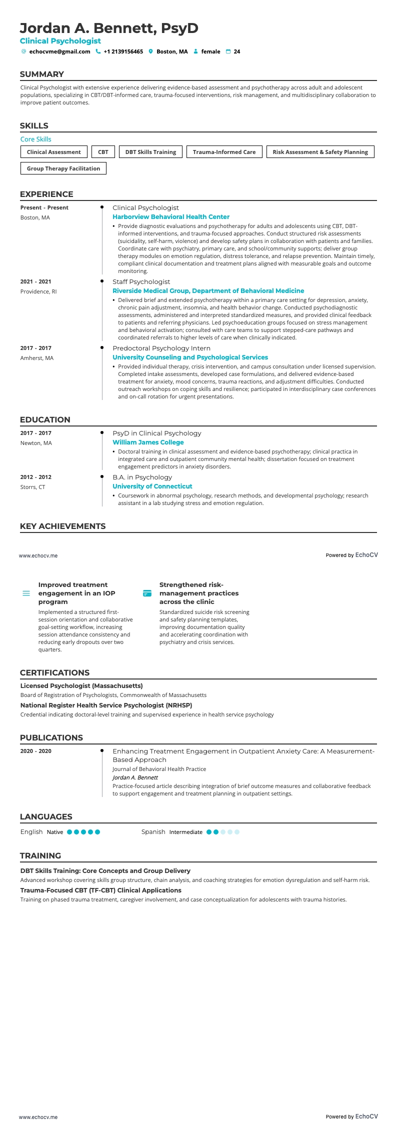 臨床心理士 example resume