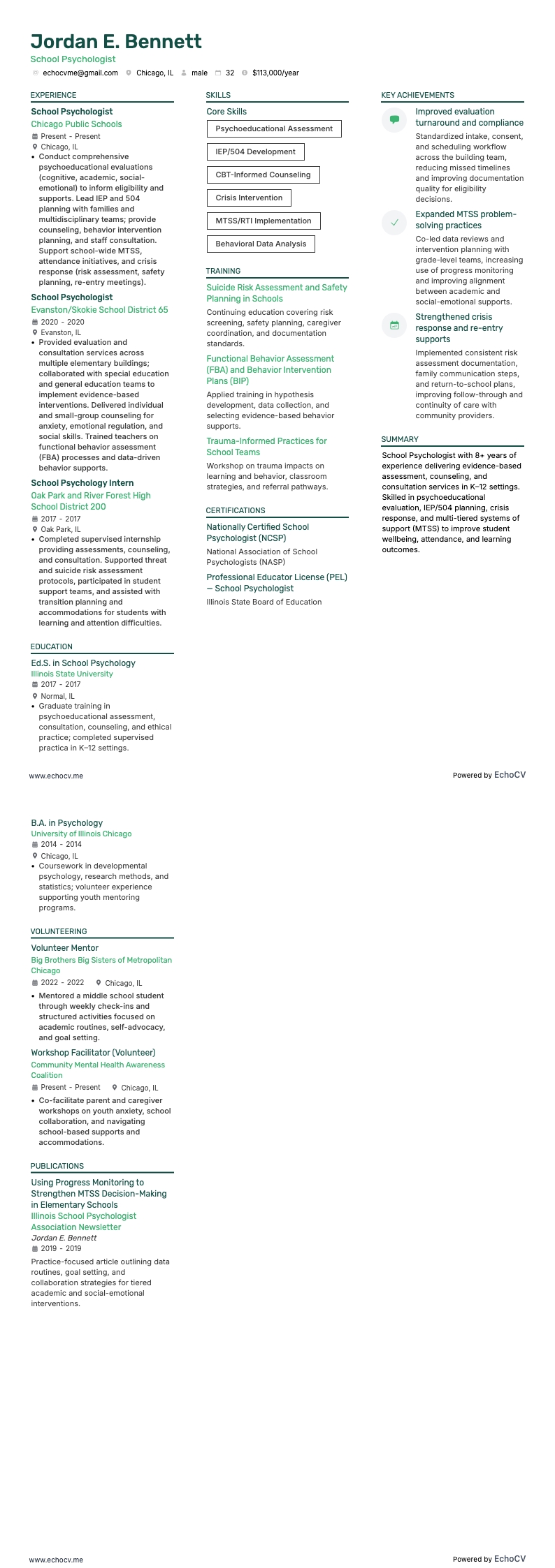 スクールカウンセラー example resume