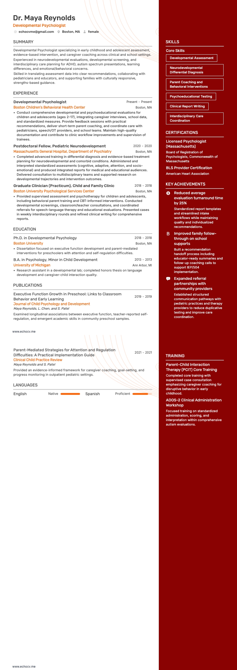 発達心理学者 example resume