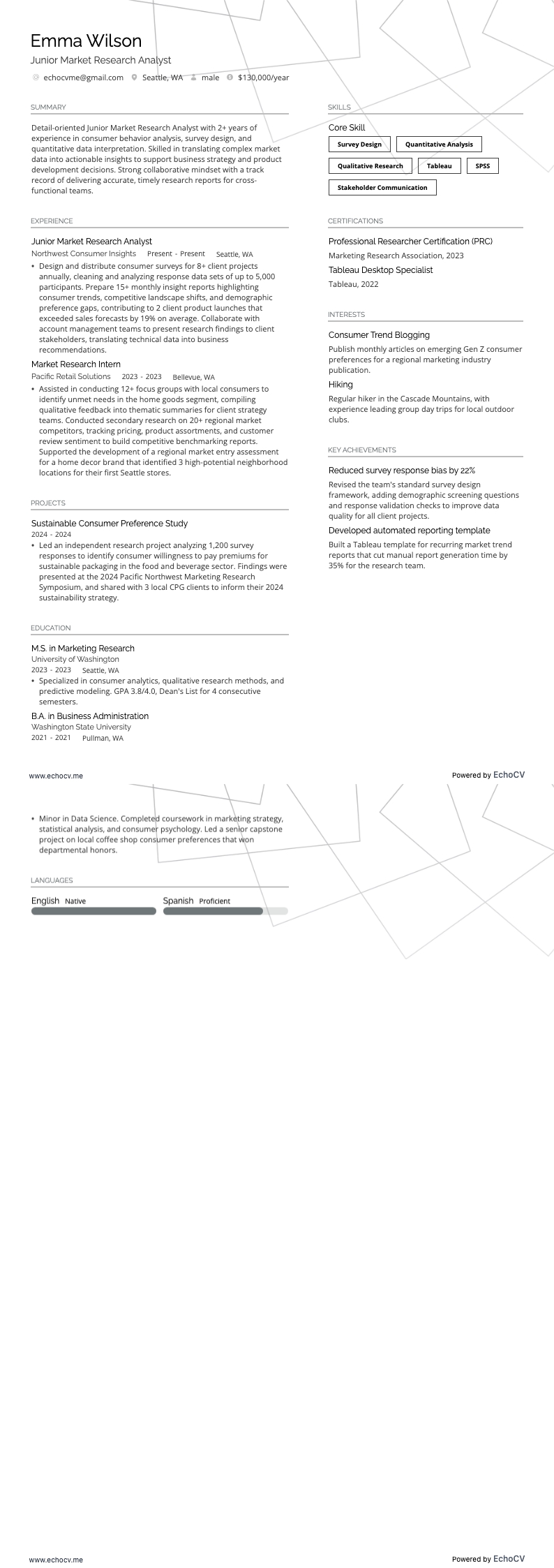 Junior Market Research Analyst example resume