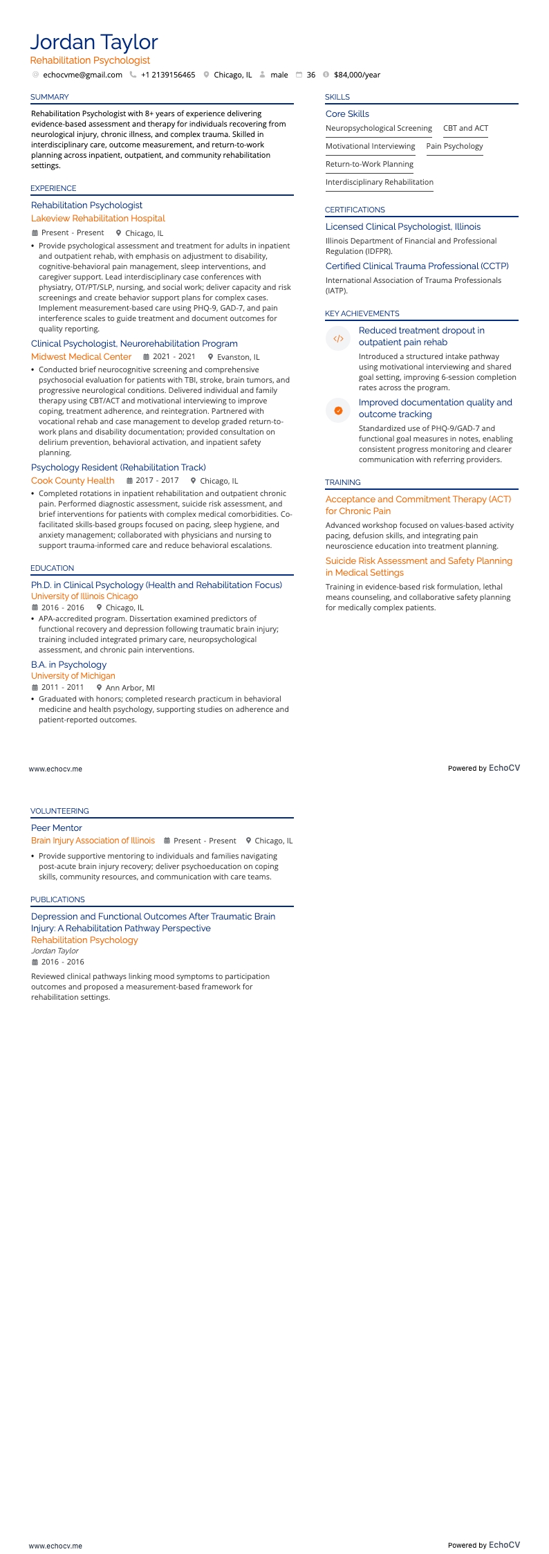 リハビリテーション心理士 example resume