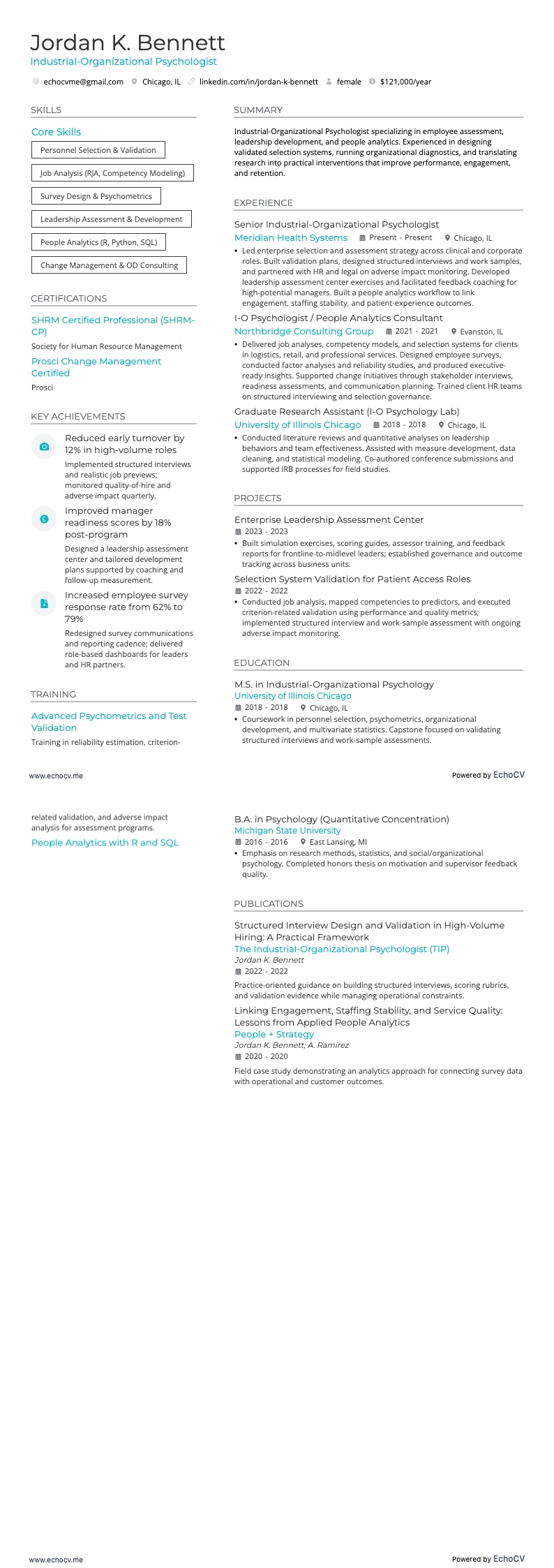 産業・組織心理学者 example resume