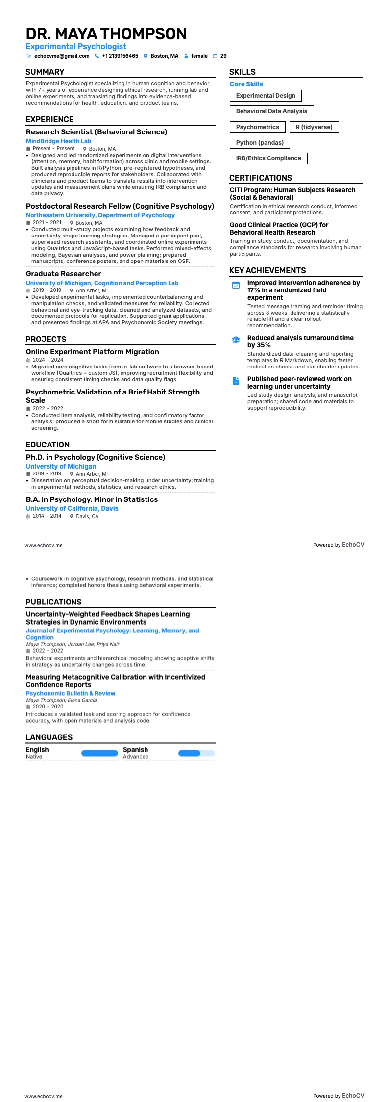 実験心理学者 example resume