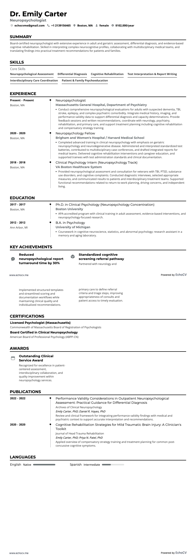 神経心理学者 example resume