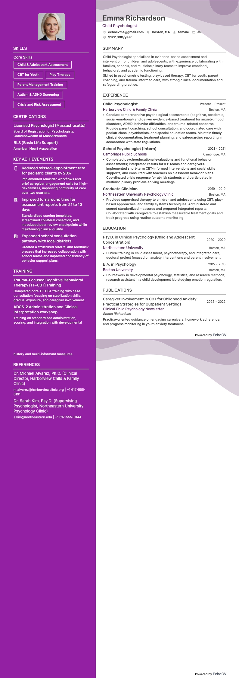 児童心理学者 example resume