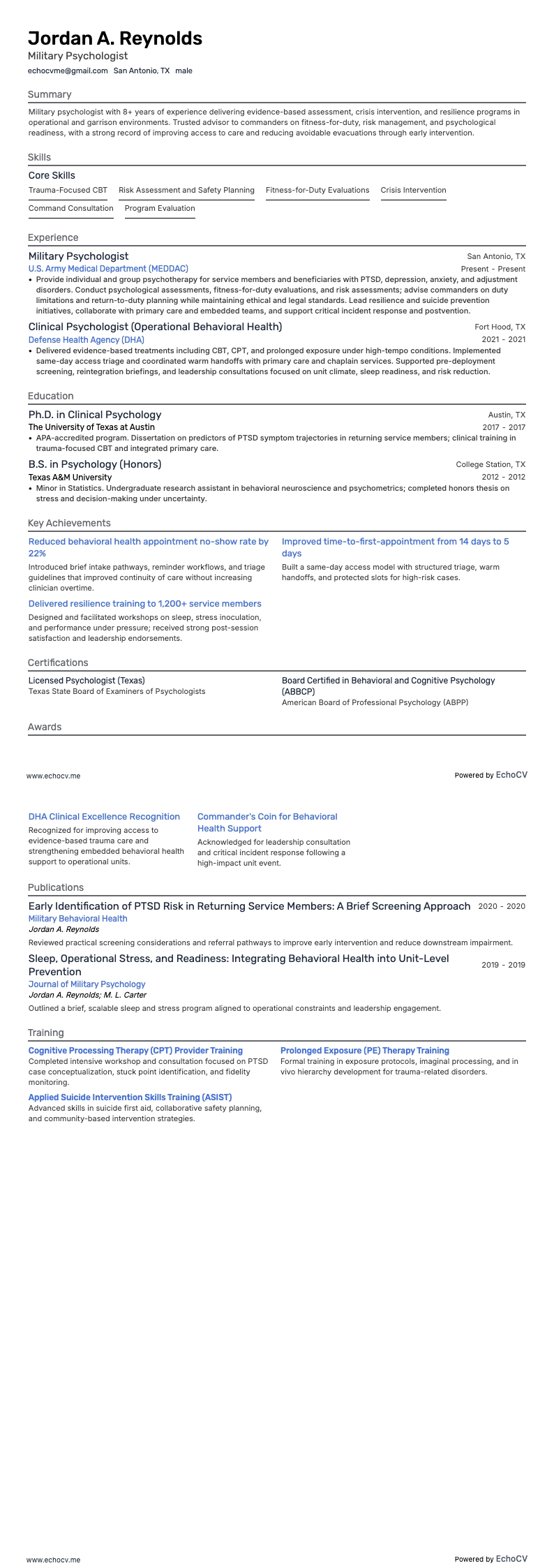 軍事心理学者 example resume