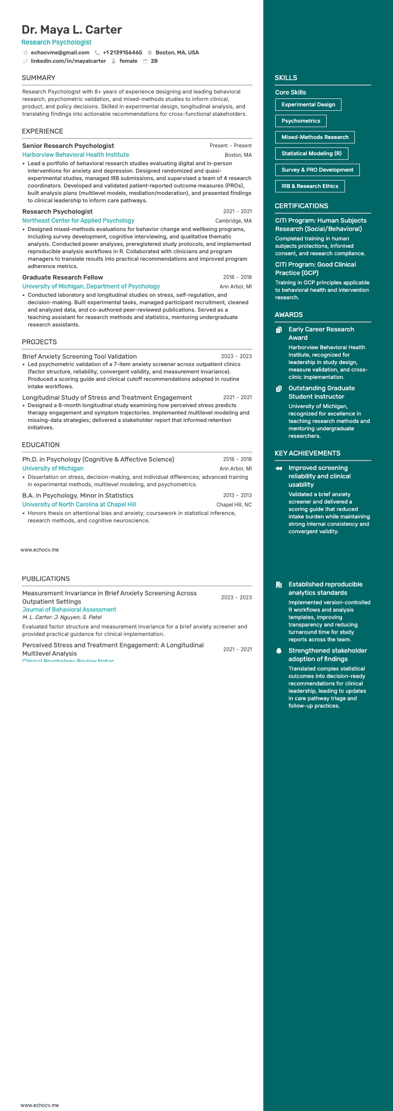 研究心理学者 example resume