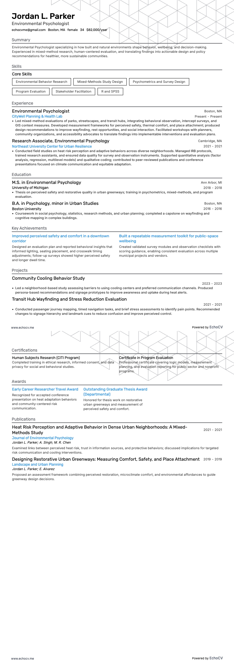 環境心理学者 example resume