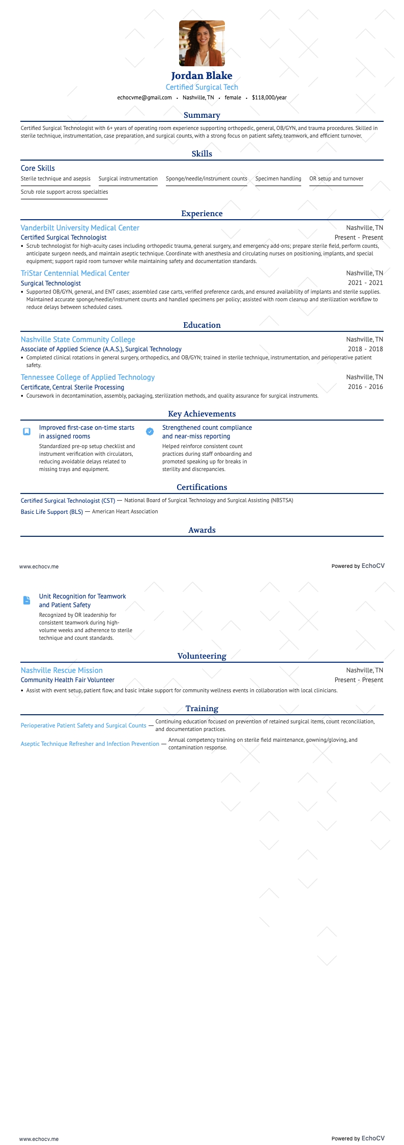 Certified Surgical Tech example resume