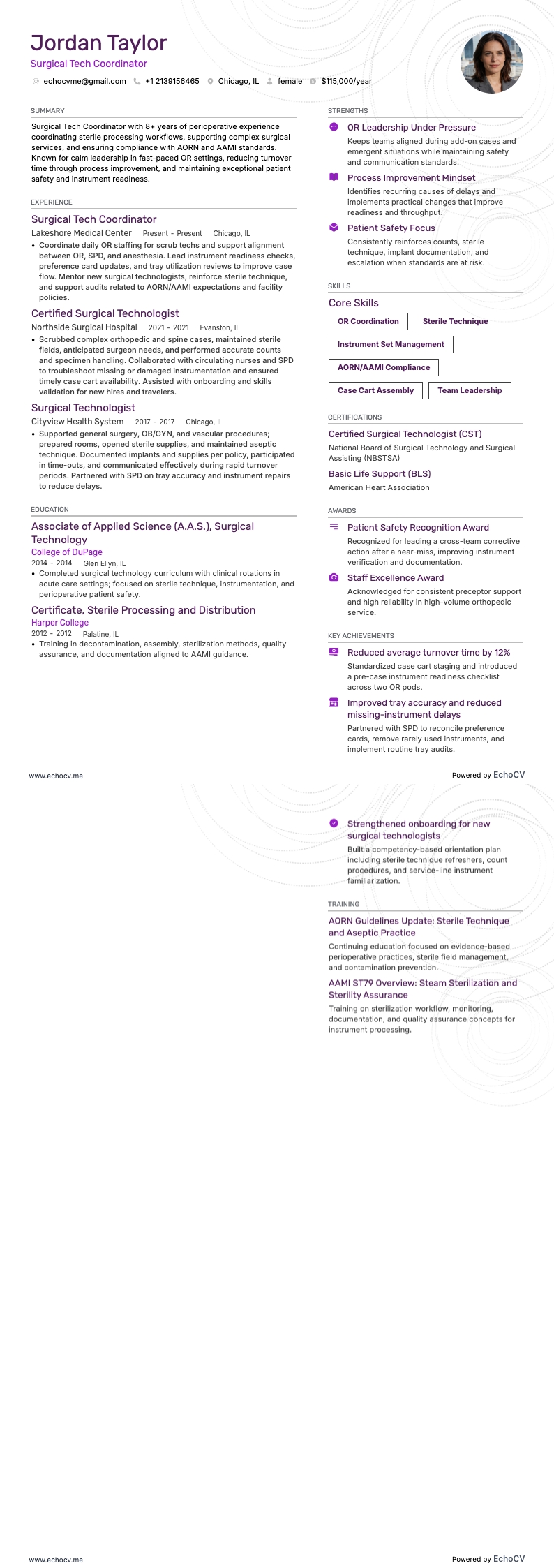 Surgical Tech Coordinator example resume