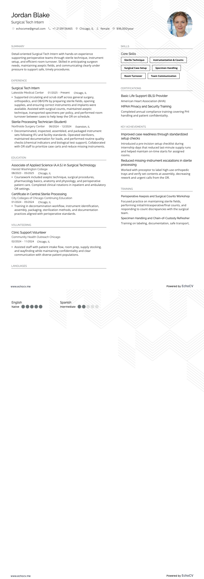 Surgical Tech Intern example resume