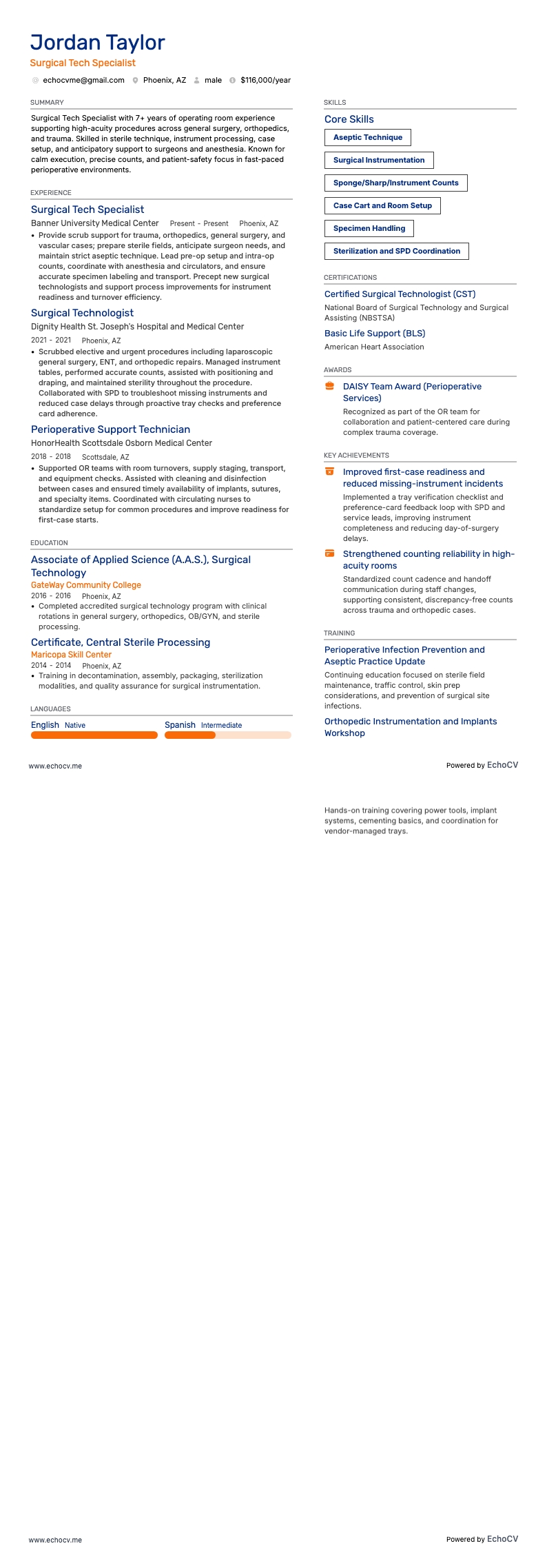 Surgical Tech Specialist example resume