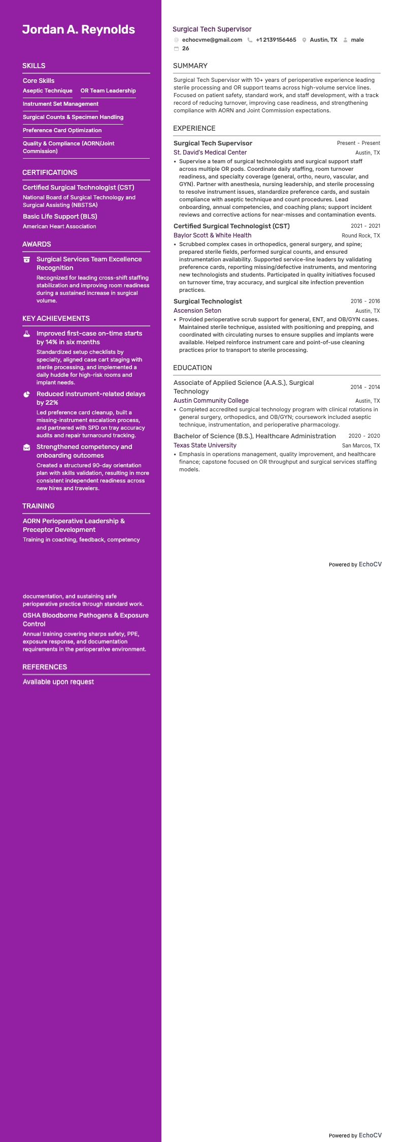 Surgical Tech Supervisor example resume